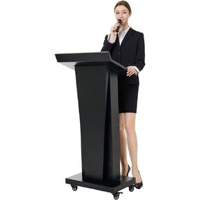Podium Stand Portable with 4 Locking Wheels, Heavy Duty Metal Lecterns and Podiums for Conference Church Office School Home Events, Large Storage Area, Slant Desktop, 50.4" H - Black