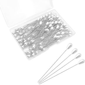 Quacc 100 PCS Corsage Pins with Box, Long Straight Wedding White Teardrop Pearl Head Boutineer Boutonniere Prom Bouquet Pins for Quilting Sewing Pinning Quilt Flower DIY Crafts (2.17")