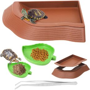 4PCS Tortoise Water Dish with Ramp,Tortoise Food Water Bowl,Turtle Water Bowl,Tortoise Bathing Pool,Reptile Water Bowl Fit for Amphibians with Forcep Cleaning Clip
