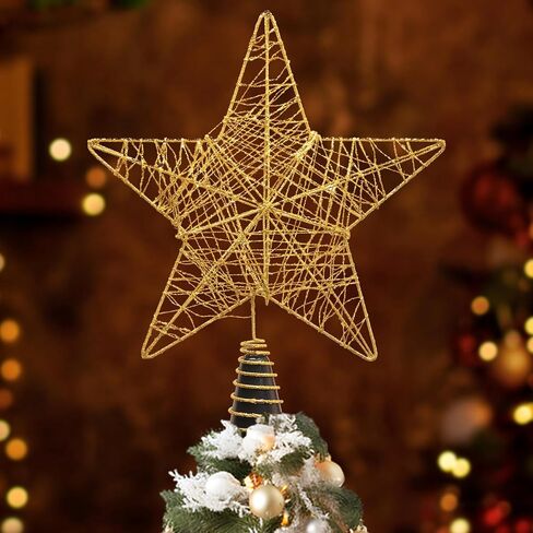 Christmas Tree Topper, Gold Glitter Hollow 5-Point Star Tree Topper, Tinsel Star Decoration with Christmas Tree Topper Base, Suitable for Decorating Yard Office Bistro Restaurant Party in Saudi Arabia