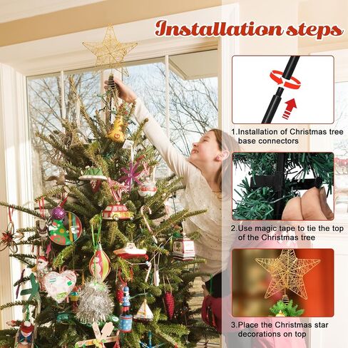 Christmas Tree Topper, Gold Glitter Hollow 5-Point Star Tree Topper, Tinsel Star Decoration with Christmas Tree Topper Base, Suitable for Decorating Yard Office Bistro Restaurant Party in Saudi Arabia