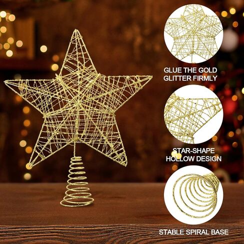 Christmas Tree Topper, Gold Glitter Hollow 5-Point Star Tree Topper, Tinsel Star Decoration with Christmas Tree Topper Base, Suitable for Decorating Yard Office Bistro Restaurant Party in Saudi Arabia