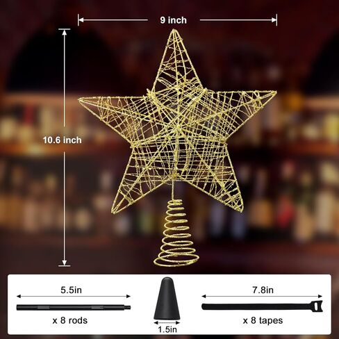 Christmas Tree Topper, Gold Glitter Hollow 5-Point Star Tree Topper, Tinsel Star Decoration with Christmas Tree Topper Base, Suitable for Decorating Yard Office Bistro Restaurant Party in Saudi Arabia