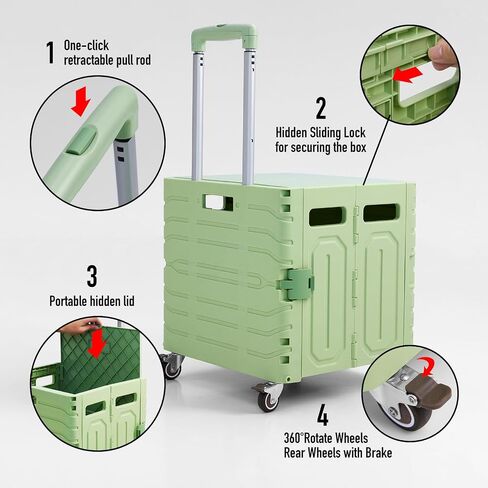 Folding Utility Cart Black Portable Rolling Crate Handcart Foldable Shopping Trolley Collapsible, with Lid, on Wheels, for Grocery, Garden, Office, Storage, Teacher, Tool (Green) in Saudi Arabia