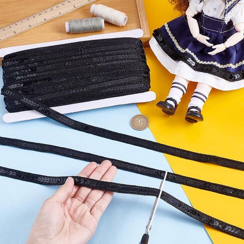 PH PandaHall 36 Yards Black Sequin Ribbon Trim 13mm Sequin Braid Trim Flat Glitter Ribbon Paillette Sequins Lace Trim for Sewing DIY Crafts Dress Costume Home Wedding Party Decorative in Kuwait