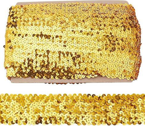 FREEBLOSS 14.2Yards Elastic Sequins Trim Embroidered Sewing Tape Embroidered Trims Gold Metallic Sequins Trims Stretch Lace Trim for DIY Craft 2 inch Wide 5 Tier in Kuwait