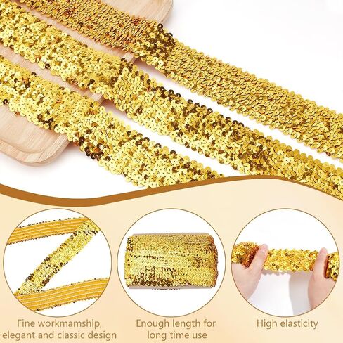 FREEBLOSS 14.2Yards Elastic Sequins Trim Embroidered Sewing Tape Embroidered Trims Gold Metallic Sequins Trims Stretch Lace Trim for DIY Craft 2 inch Wide 5 Tier in Kuwait