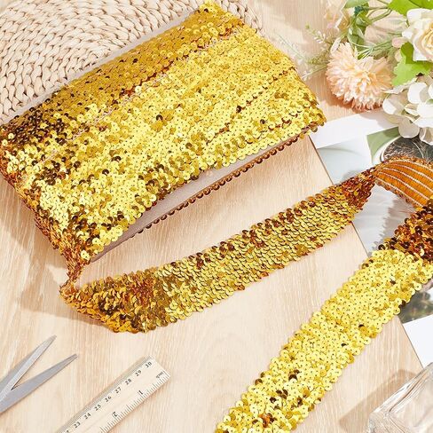 FREEBLOSS 14.2Yards Elastic Sequins Trim Embroidered Sewing Tape Embroidered Trims Gold Metallic Sequins Trims Stretch Lace Trim for DIY Craft 2 inch Wide 5 Tier in Kuwait