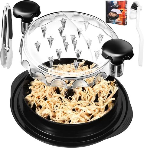 3 layer Ergonomic Chicken Breast Shredder with Transparent Lid, Visible Meat Shredding Machine, Anti-Slip, Heat Resistant, Dishwasher Safe, BPA Free, Includes Brush, Separate Plate &Tong in Saudi Arabia