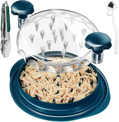 3 layer Ergonomic Chicken Breast Shredder with Transparent Lid, Visible Meat Shredding Machine, Anti-Slip, Heat Resistant, Dishwasher Safe, BPA Free, Includes Brush, Separate Plate &Tong in Saudi Arabia