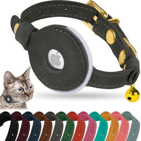 OOPSDOGGY Reflective Leather AirTag Cat Collar with Bell - Non Breakaway Adjustable Pet Collar with Apple Air Tag Holder - Lightweight GPS Kitten Collars for Small Dogs Puppy (Camel) in Saudi Arabia