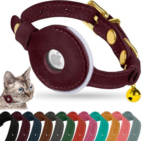 OOPSDOGGY Reflective Leather AirTag Cat Collar with Bell - Non Breakaway Adjustable Pet Collar with Apple Air Tag Holder - Lightweight GPS Kitten Collars for Small Dogs Puppy (Camel) in Saudi Arabia