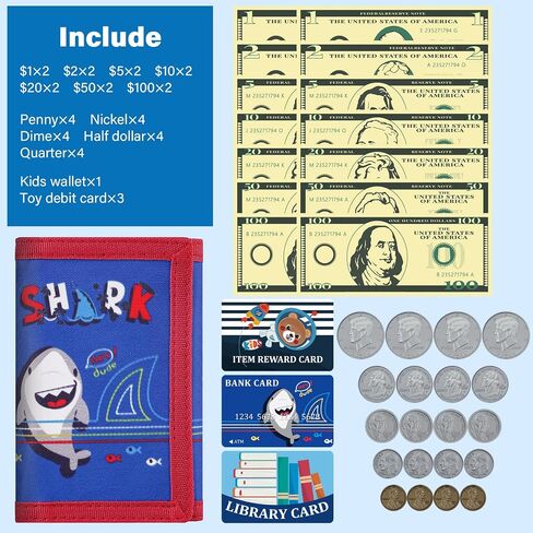 DEEKI 37PCS Play Money Coins and Cards with Wallet, Safety Wallet Toys for 3+ Year Old Kids Math Learn Teach Count, Purse for Toddler Boys and Girls Early Educational and Develops-Shark Black in Saudi Arabia