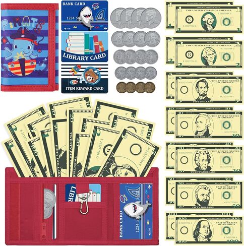 DEEKI 37PCS Play Money Coins and Cards with Wallet, Safety Wallet Toys for 3+ Year Old Kids Math Learn Teach Count, Purse for Toddler Boys and Girls Early Educational and Develops-Shark Black in Saudi Arabia