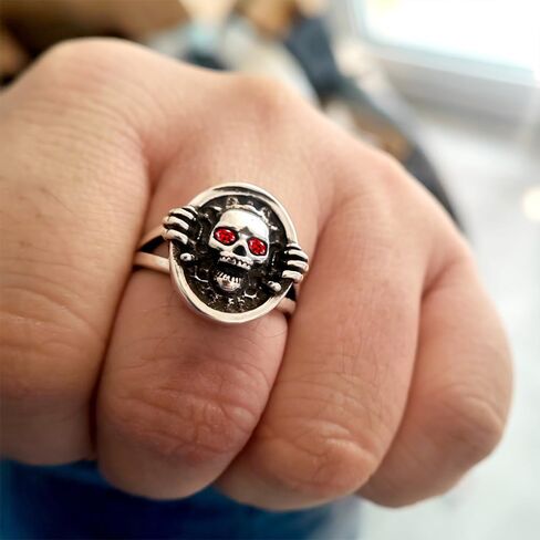 Cool Skull Ring,Retro S925 Sterling Silver Punk Gothic Ring, Antique Vintage Cocktail Party Hip Hop Ring Jewelry for Men Women (A03_Skull Ring, 8) in Kuwait