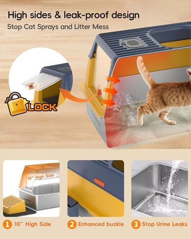 XL Extra Large Stainless Steel Cat Litter Box with Lid, 3-in-1 Enclosed/Open, Durable Metal Litter Box for Big, Multi Cats, Non-Stick, Includes Scoop, Mat, Odor Control Easy Cleaning, Green in Saudi Arabia
