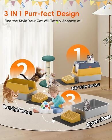 XL Extra Large Stainless Steel Cat Litter Box with Lid, 3-in-1 Enclosed/Open, Durable Metal Litter Box for Big, Multi Cats, Non-Stick, Includes Scoop, Mat, Odor Control Easy Cleaning, Green in Saudi Arabia