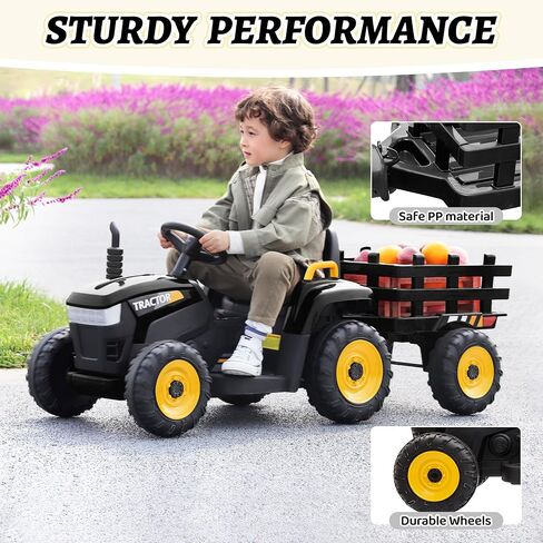 Tobbi Kids Ride Electric Ride On Toy Toy ، يركب 4 فولتات من 4 فولتات على السيارة مع مقطورة للأطفال الصغار 3-6 سنوات أسود in Kuwait