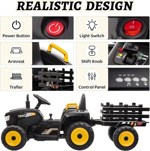 Tobbi Kids Ride Electric Ride On Toy Toy ، يركب 4 فولتات من 4 فولتات على السيارة مع مقطورة للأطفال الصغار 3-6 سنوات أسود in Kuwait