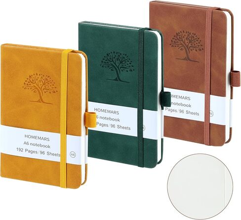HOMEMARS Small Notebook, Pocket Notebook, 3 Pack, Notebook A6, Dotted,3.7" x 5.7"Leather, Brown, Green, Yellow,192 Pages Each, Hardcover, Mini Journal Notepad, Embossing Tree Design in Kuwait