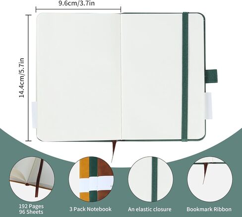 HOMEMARS Small Notebook, Pocket Notebook, 3 Pack, Notebook A6, Dotted,3.7" x 5.7"Leather, Brown, Green, Yellow,192 Pages Each, Hardcover, Mini Journal Notepad, Embossing Tree Design in Kuwait