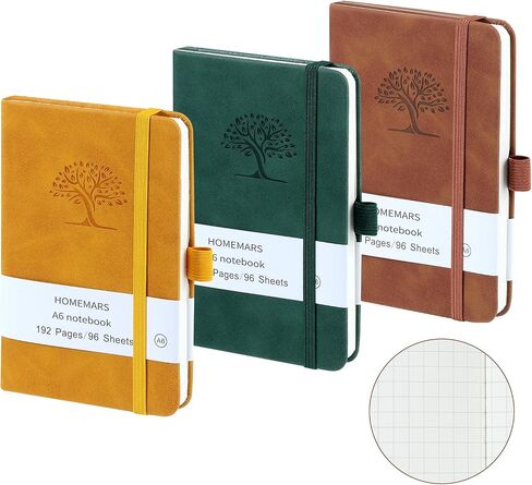 Homemars Small Notebook ، دفتر جيب ، 3 عبوات ، دفتر Notebook A6 ، منقط ، 3.7 "× 5.7" جلدية ، بني ، أخضر ، أصفر ، 192 صفحة ، غلاف ، مجلة ميني Notepad ، تصميم شجرة النقش in Kuwait