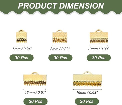 PATIKIL 6mm/8mm/10mm/13mm/16mm Ribbon Ends Crimp Clamp 150pcs Pinch Crimp End Bracelet Bookmark Cord Ends Fasteners Clasp for Leather DIY Craft Jewelry Making Gold/Silver in Kuwait