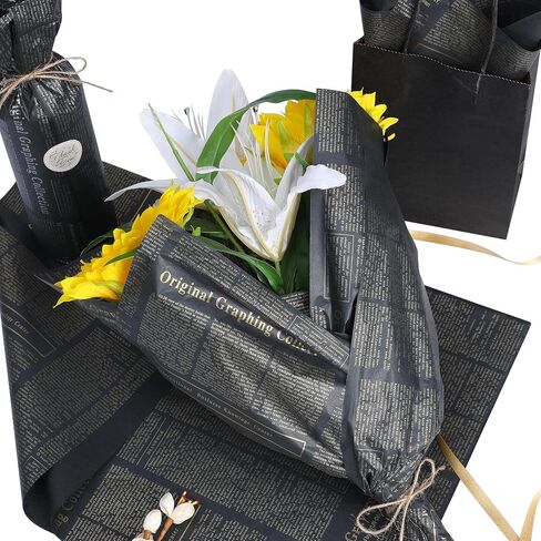 Large Newspaper Tissue Paper for Gift Wrapping Retro Kraft Magazine with Black Printed Bouquet Tissue Paper 27.5x19.7 Inch Mother's Day, Birthday Gifts Packaging Craft Paper 28pcs (2 Kraft Black) in Saudi Arabia
