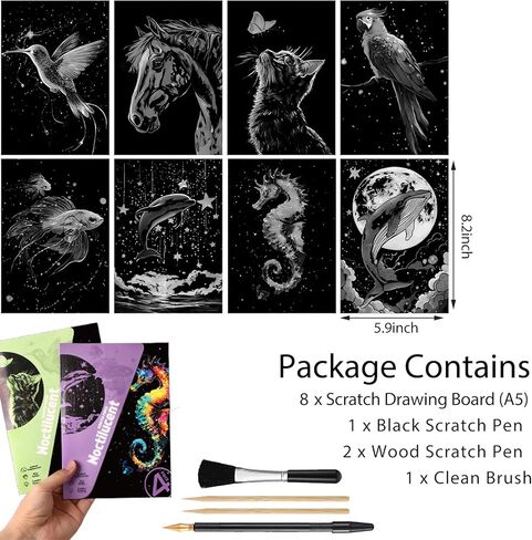 توهج 8 ورقة في The Dark Scratch Rainbow Paint Paper Kit | نقش Craft Night View Scratchboard للمراهقين والبالغين | بطاقة رسم إبداعية DIY | تخفيف الإجهاد ASMR (الحيوانات A5) in Kuwait