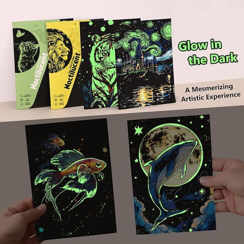 توهج 8 ورقة في The Dark Scratch Rainbow Paint Paper Kit | نقش Craft Night View Scratchboard للمراهقين والبالغين | بطاقة رسم إبداعية DIY | تخفيف الإجهاد ASMR (الحيوانات A5) in Kuwait