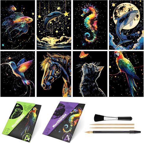 VTEAS 8-Sheet Glow in The Dark Scratch Art Rainbow Painting Paper Kit | Engraving Craft Night View Scratchboard for Teens and Adults | DIY Creative Sketching Card | ASMR Stress Relief (Animals A5) in Kuwait