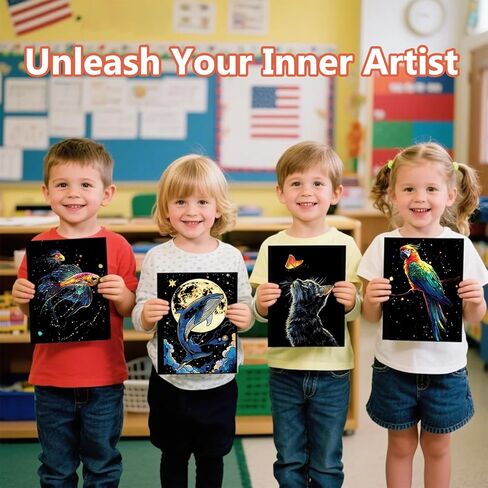 VTEAS 8-Sheet Glow in The Dark Scratch Art Rainbow Painting Paper Kit | Engraving Craft Night View Scratchboard for Teens and Adults | DIY Creative Sketching Card | ASMR Stress Relief (Animals A5) in Kuwait