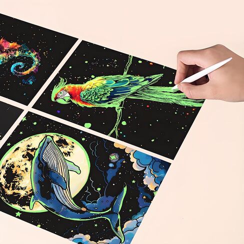 VTEAS 8-Sheet Glow in The Dark Scratch Art Rainbow Painting Paper Kit | Engraving Craft Night View Scratchboard for Teens and Adults | DIY Creative Sketching Card | ASMR Stress Relief (Animals A5) in Kuwait