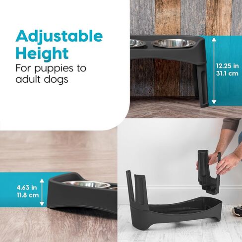 IRIS USA 2-in-1 Elevated Dog Bowls 6" H with Airtight Pet Food Storage Container Holds Up to 5 Lbs, Removable 2 Thick 16 oz Stainless Steel Bowls, at Home or Camping Pet Dish Bowl Set, Smoke/Black in Saudi Arabia