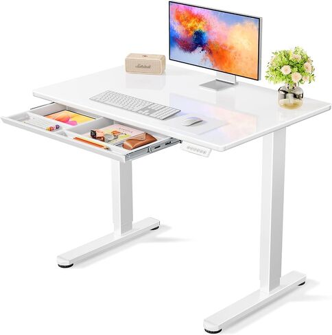 Marsail Glass Electric Standing Desk with Drawer, 48 x 24 Inches Height-Adjustable Desk, One-Piece Tempered Glass Top, Ergonomic Home Office Sit Stand Desk with 4 Preset Heights, Black in Saudi Arabia
