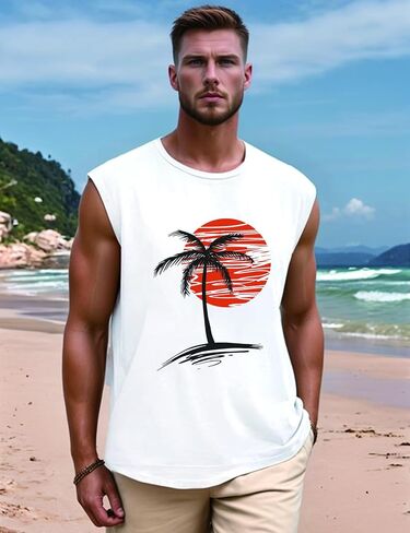 Men Summer Beach Tank Tops Hawaiian Palm Tree Sleeveless Shirts T Shirt Graphic Muscle Gym Vacation Tee Top in Kuwait