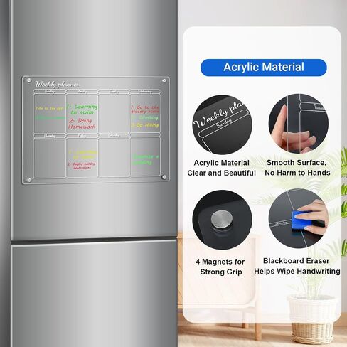 Monthly Magnetic Acrylic Calendar for Fridge, 16"x12" Meal Planner for Fridge Magnet Calendar Includes 3 Markers and Magnetic Eraser Dry Erase Calendar for Fridge Clear Acrylic Calendar in Saudi Arabia