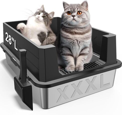 XXXL Stainless Steel Litter Box,Extra Large 28" L x 20" W Metal Litter Box for Big Cats & Multiple Cats with High Sided, Anti-Urine Leakage, Non-Sticky, Easy Cleaning, Include Scoop(White in Saudi Arabia