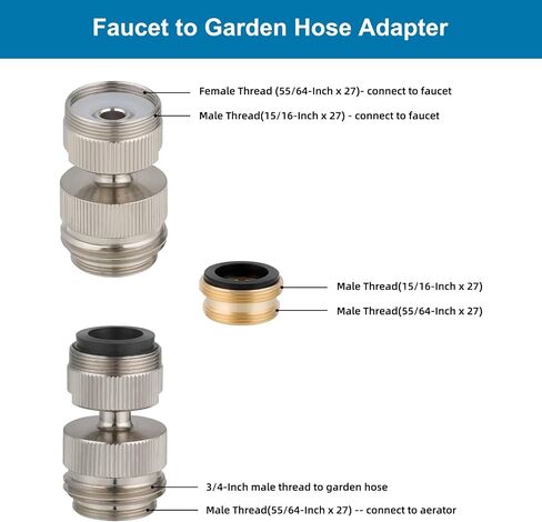 Faucet Adapter Kit Swivel Aerator Adapter to Connect Garden Hose - Multi-Thread Garden Hose Adapter for Male to Male and Female to Male - Chrome Finished in Saudi Arabia