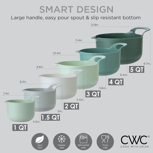 COOK WITH COLOR Nesting Plastic Mixing Bowl Set with Pour Spouts and Handles, Sage, 6 Piece Non-Slip in Saudi Arabia