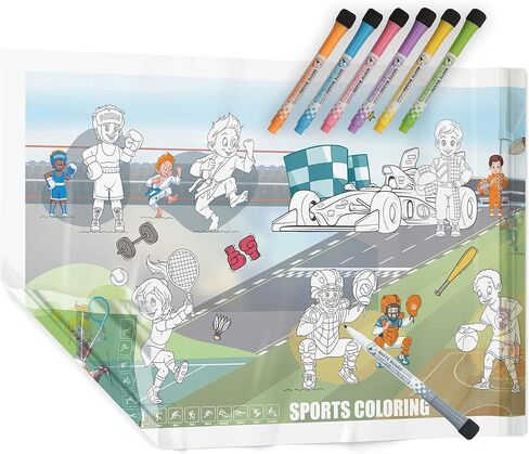 Large Dry Erase Activities Coloring Poster, 16x54, Faded Background with Transparent Coloring Areas, Adhesive-Free Whiteboard Sheet for Kids, Sticks to Any Smooth Surface, Includes 6 Markers in Kuwait