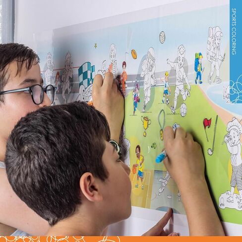 Large Dry Erase Activities Coloring Poster, 16x54, Faded Background with Transparent Coloring Areas, Adhesive-Free Whiteboard Sheet for Kids, Sticks to Any Smooth Surface, Includes 6 Markers in Kuwait