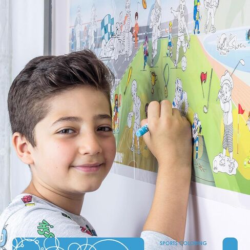 Large Dry Erase Activities Coloring Poster, 16x54, Faded Background with Transparent Coloring Areas, Adhesive-Free Whiteboard Sheet for Kids, Sticks to Any Smooth Surface, Includes 6 Markers in Kuwait