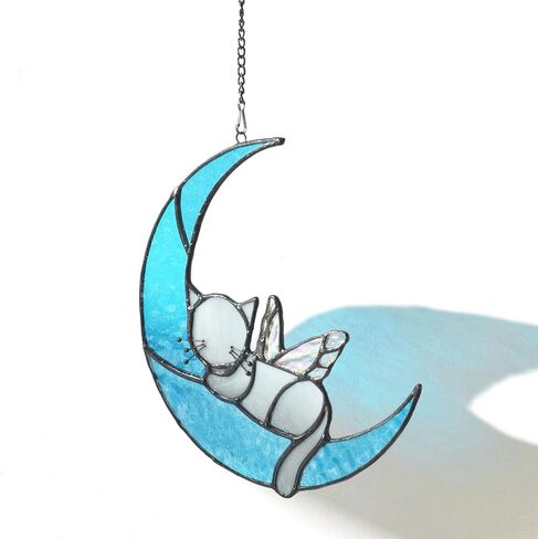 Sleeping Cat with Rainbow Wing On Moon Stained Glass Window Hanging, Angel Cat Memorial Gift, Black Grey Orange Cat Suncatcher, Cat Lover Gift (Black) in Saudi Arabia