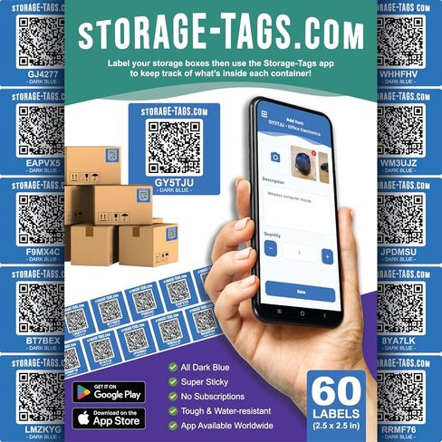 QR Code Storage Tags - Smart Stickers - Tracking Labels for Totes - Scan Storage Bins & Containers - Moving House - Track Inventory - Android and iOS App - Pack of 60 in Kuwait