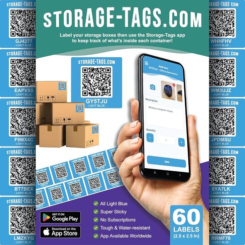 QR Code Storage Tags - Smart Stickers - Tracking Labels for Totes - Scan Storage Bins & Containers - Moving House - Track Inventory - Android and iOS App - Pack of 60 in Kuwait