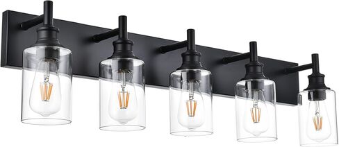 5 Light Bathroom Vanity Lights Black Bathroom Lighting Fixtures Over Mirror with Clear Glass Shades, Farmhouse Wall Sconces Vanity Lighting Fixture for Bedroom Living Room in Saudi Arabia