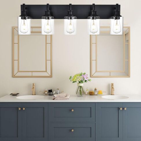 5 Light Bathroom Vanity Lights Black Bathroom Lighting Fixtures Over Mirror with Clear Glass Shades, Farmhouse Wall Sconces Vanity Lighting Fixture for Bedroom Living Room in Saudi Arabia