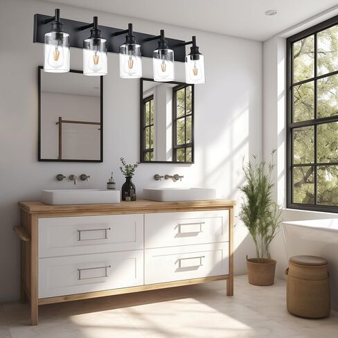 5 Light Bathroom Vanity Lights Black Bathroom Lighting Fixtures Over Mirror with Clear Glass Shades, Farmhouse Wall Sconces Vanity Lighting Fixture for Bedroom Living Room in Saudi Arabia
