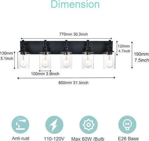 5 Light Bathroom Vanity Lights Black Bathroom Lighting Fixtures Over Mirror with Clear Glass Shades, Farmhouse Wall Sconces Vanity Lighting Fixture for Bedroom Living Room in Saudi Arabia